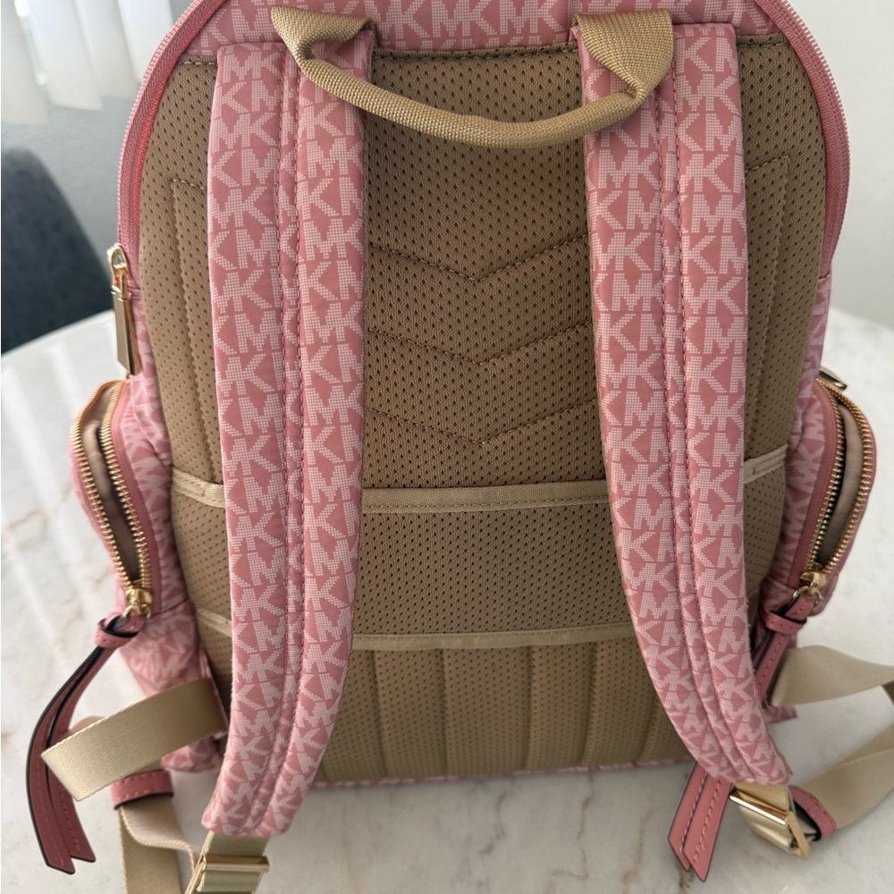 Michael Kors Pink Prescott Large Signature Logo Print Woven Backpack - Picture 3 of 15